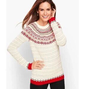 Talbots Nordic Fair Isle Sweater Lambs Wool Blend Ivory Red Tan Black Hearts XS
